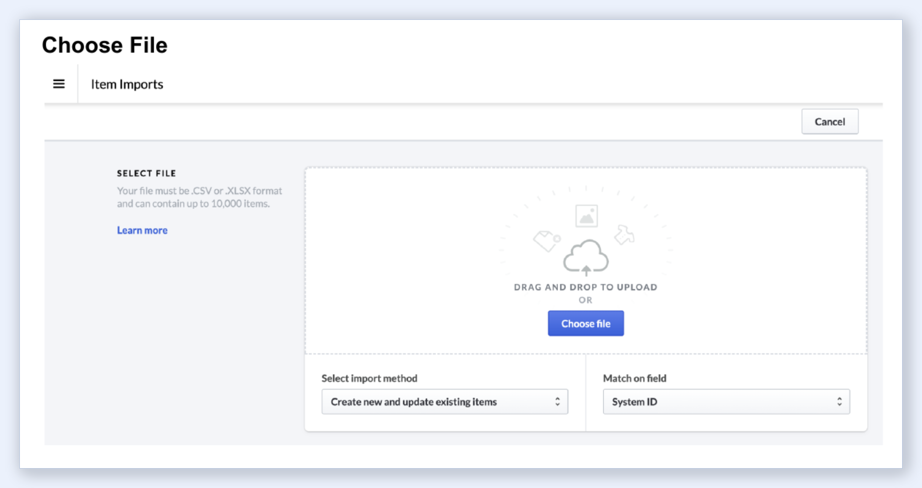 Lightspeed R Series Item Import file upload with import method and match field settings