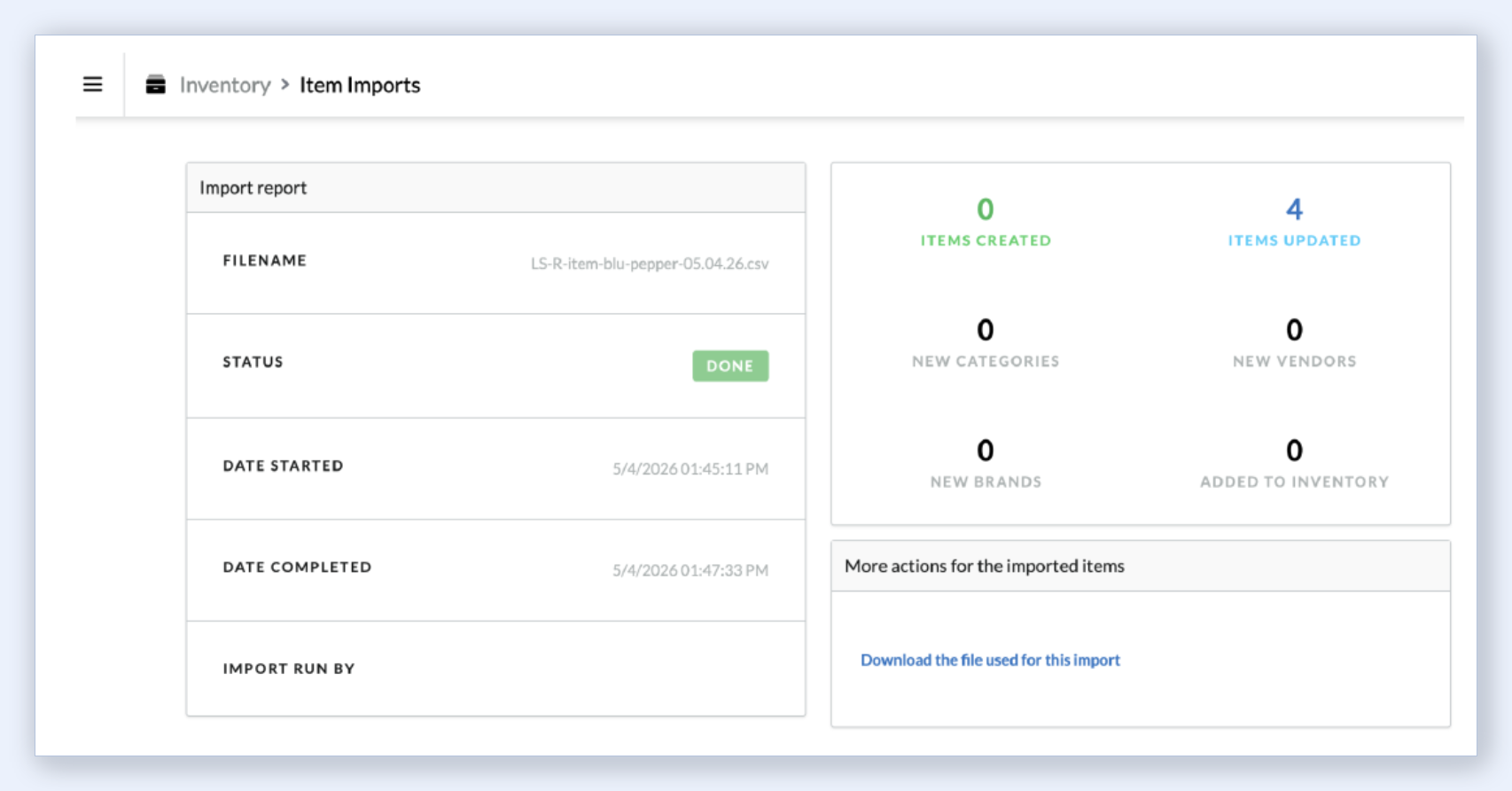 Lightspeed R Series Item Import report showing Done status