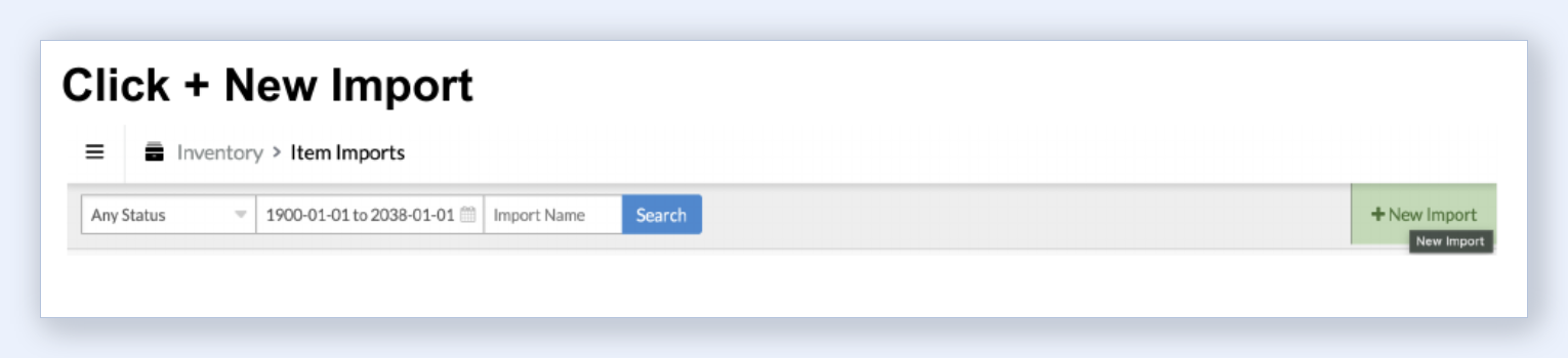 Lightspeed R Series Item Imports page with + New Import button