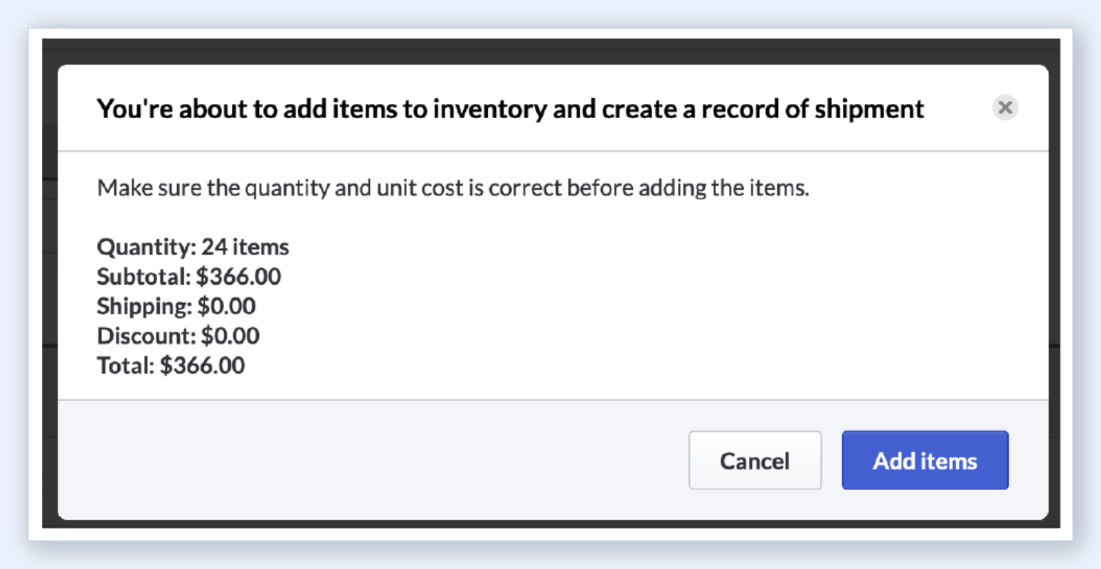 Lightspeed R Series confirmation dialog for adding items to inventory
