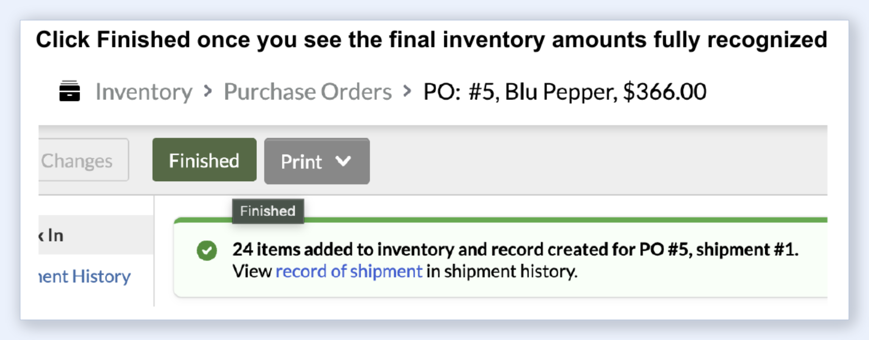 Lightspeed R Series Purchase Order finished with green confirmation banner