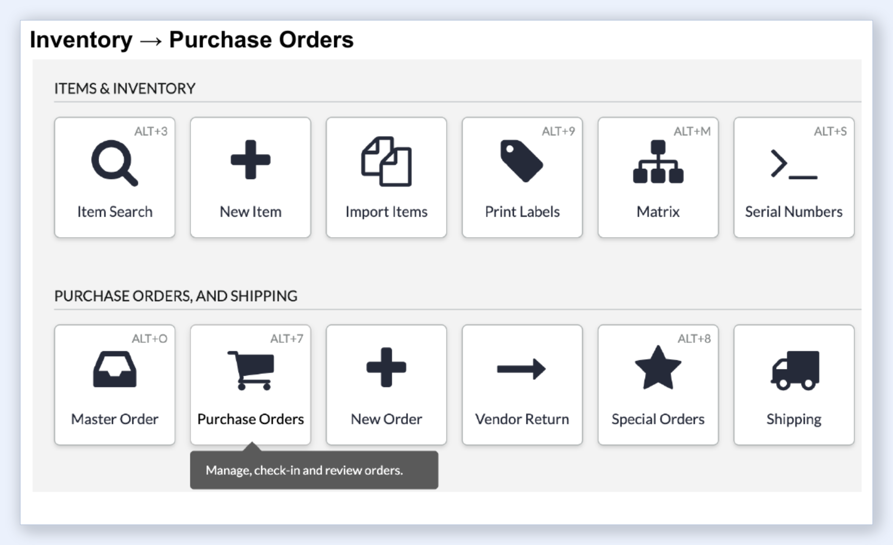 Lightspeed R Series Inventory menu with Purchase Orders highlighted