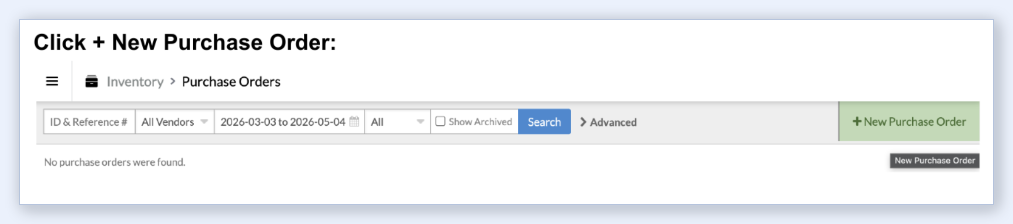 Lightspeed R Series Purchase Orders page with + New Purchase Order button