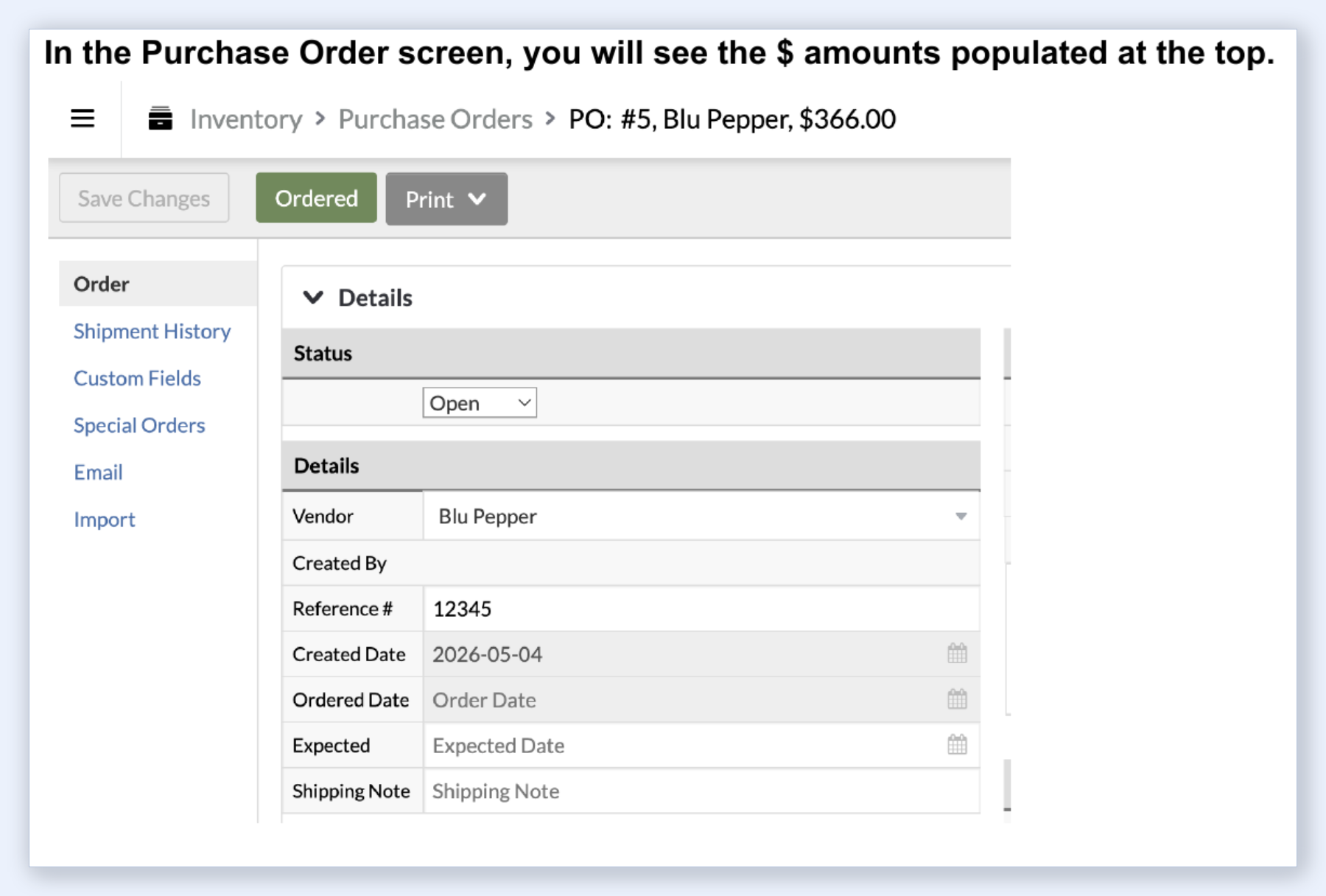Lightspeed R Series Purchase Order showing populated dollar amounts