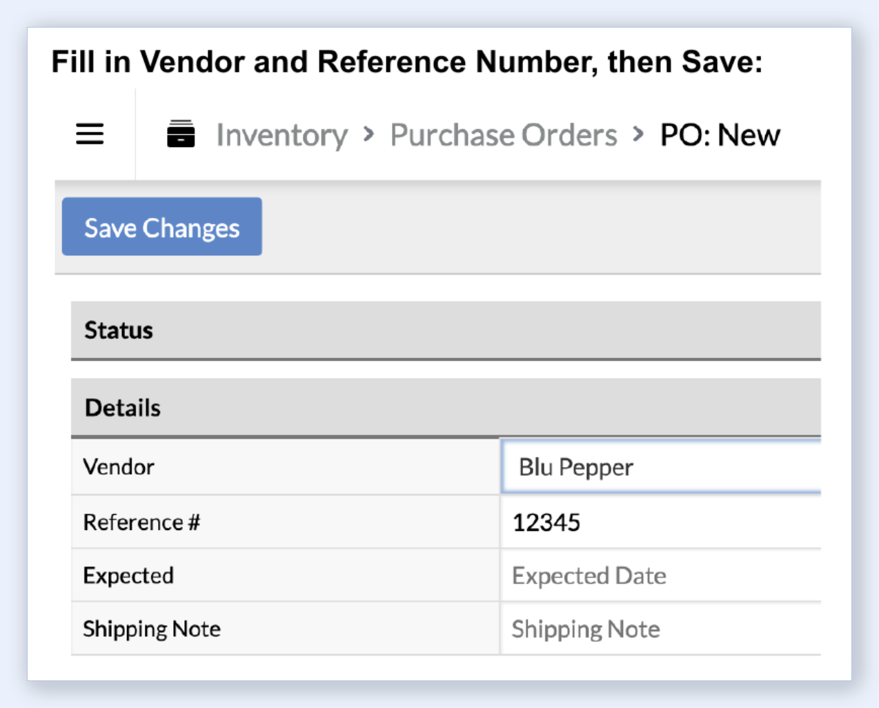 Lightspeed R Series new Purchase Order form with Vendor and Reference Number fields