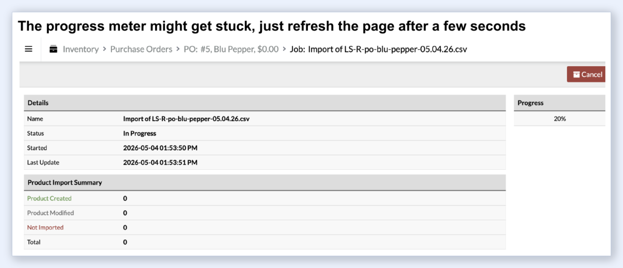 Lightspeed R Series Purchase Order import progress meter