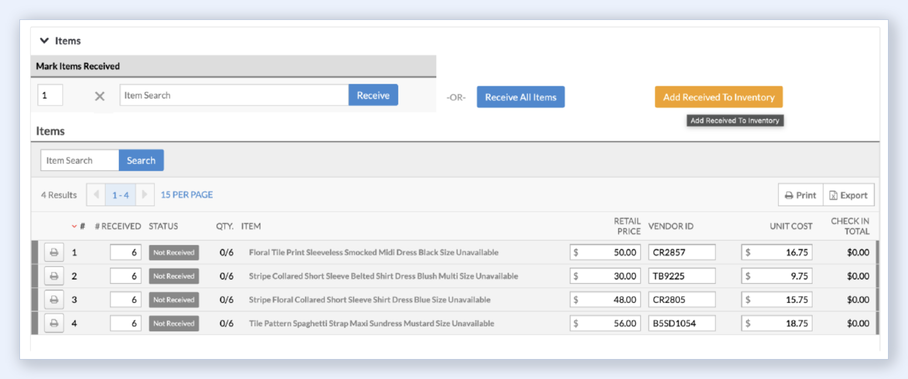 Lightspeed R Series Purchase Order items table with Mark Items Received and Receive All Items buttons