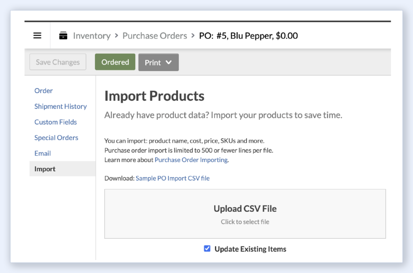 Lightspeed R Series Purchase Order Import Products upload area