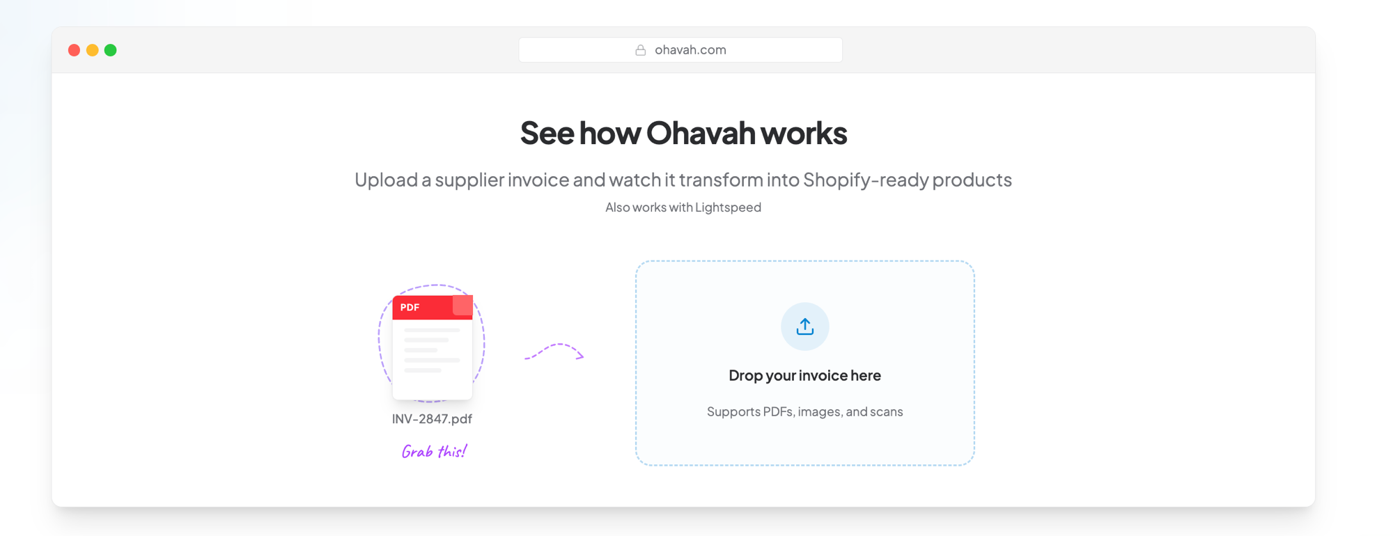 See how Ohavah works — upload a supplier invoice and watch it transform into Shopify-ready products