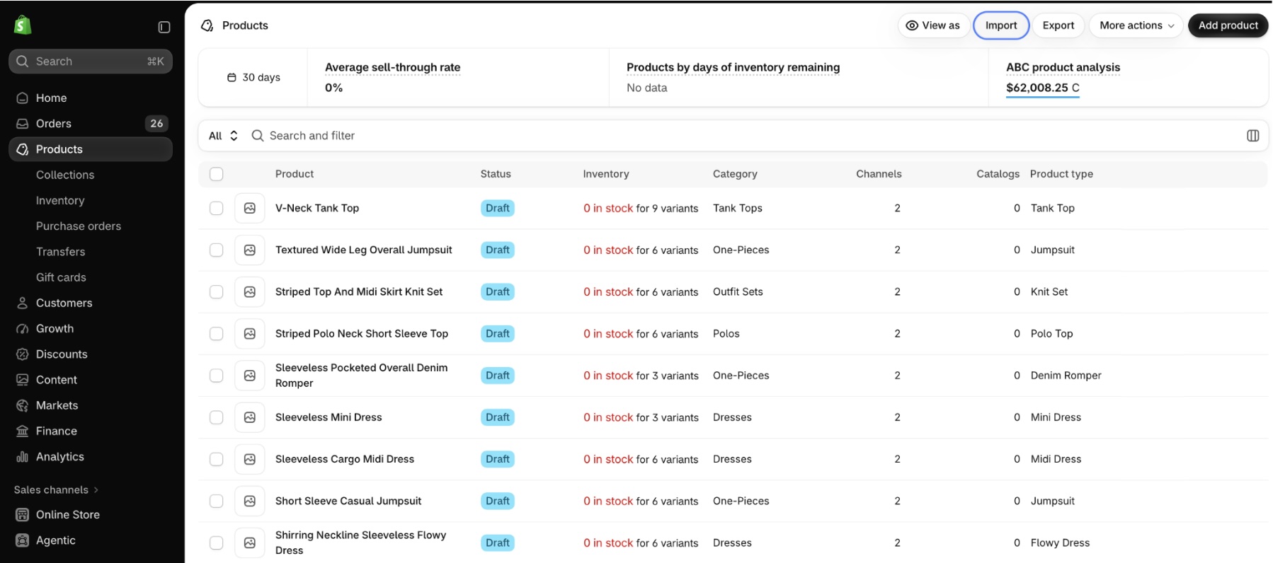 Shopify Products page with the Import button highlighted in the top right
