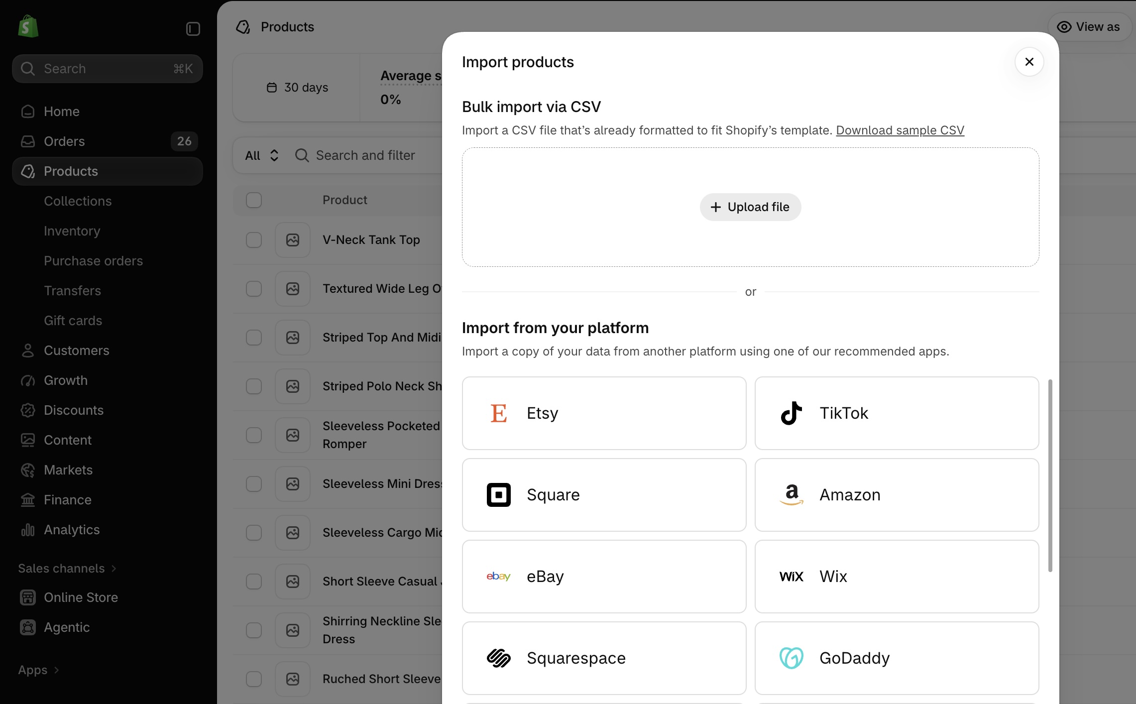Shopify Import products window with the Upload file button for a bulk CSV import
