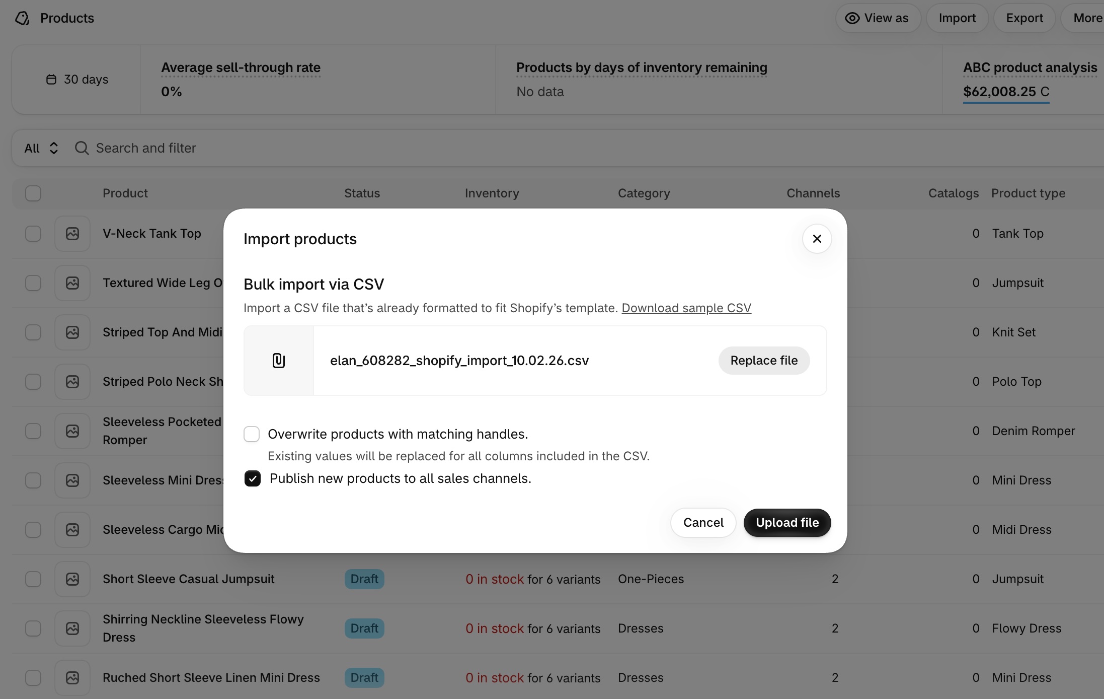 Shopify import dialog with the CSV attached, the overwrite-matching-handles checkbox, and the Upload file button