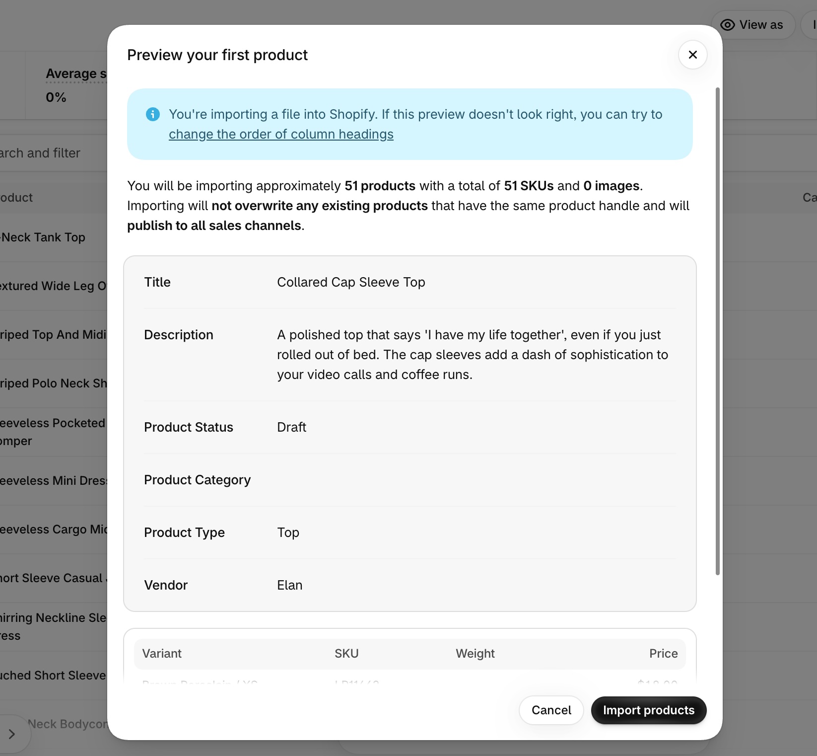 Shopify import preview showing the first product with SKU and image counts and the Import products button