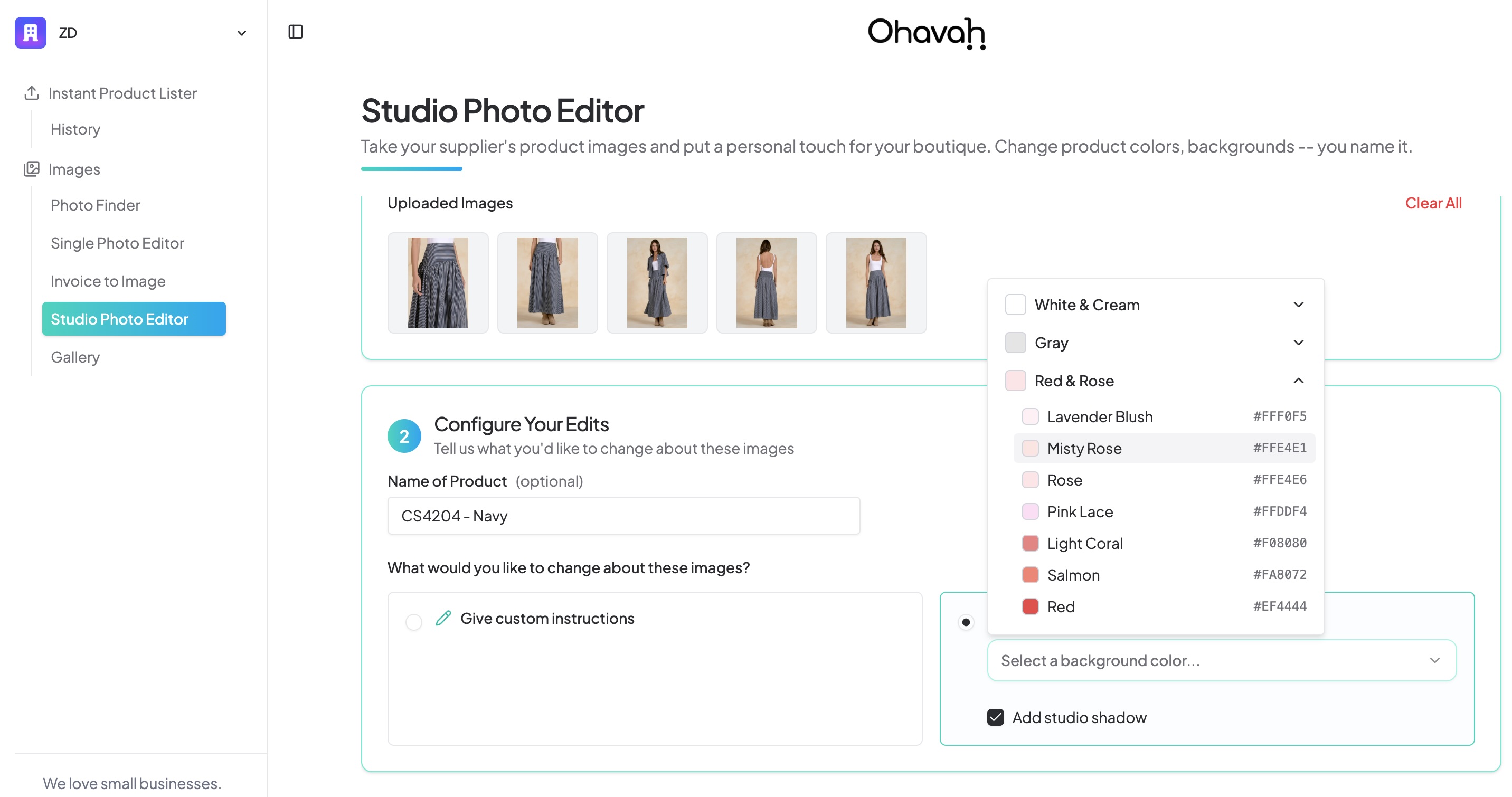 Configuring background color edits for Elan product photos